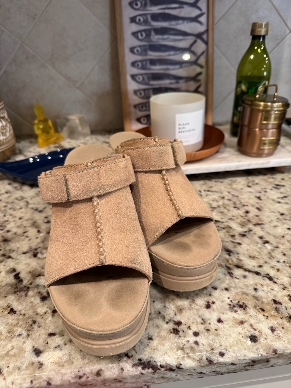UGG Tan Suede Platform Slide Wedges